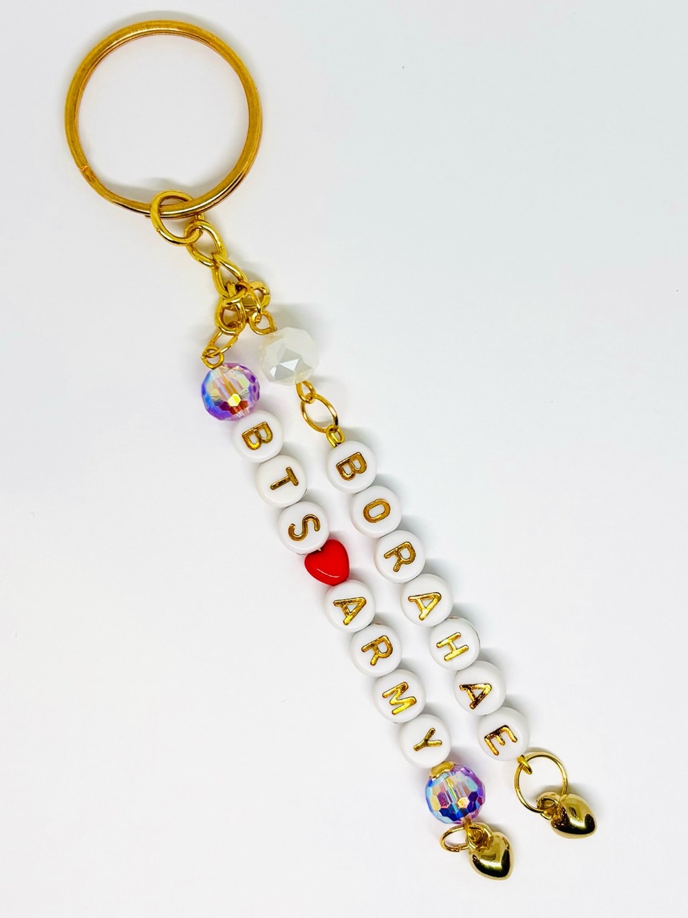 Personalized Gold Keychain with White Beads and Red Heart Accent